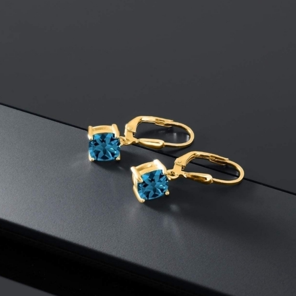 18K Yellow Gold 2.35ct Blue London Topaz Cushion Earrings Silver 925